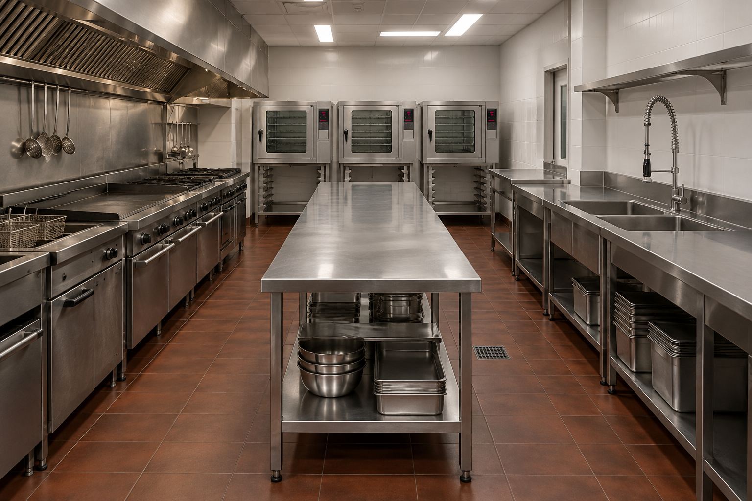 Cocina de producción: línea de anafes y hornos combinados, mesada central de acero y bachas al fondo