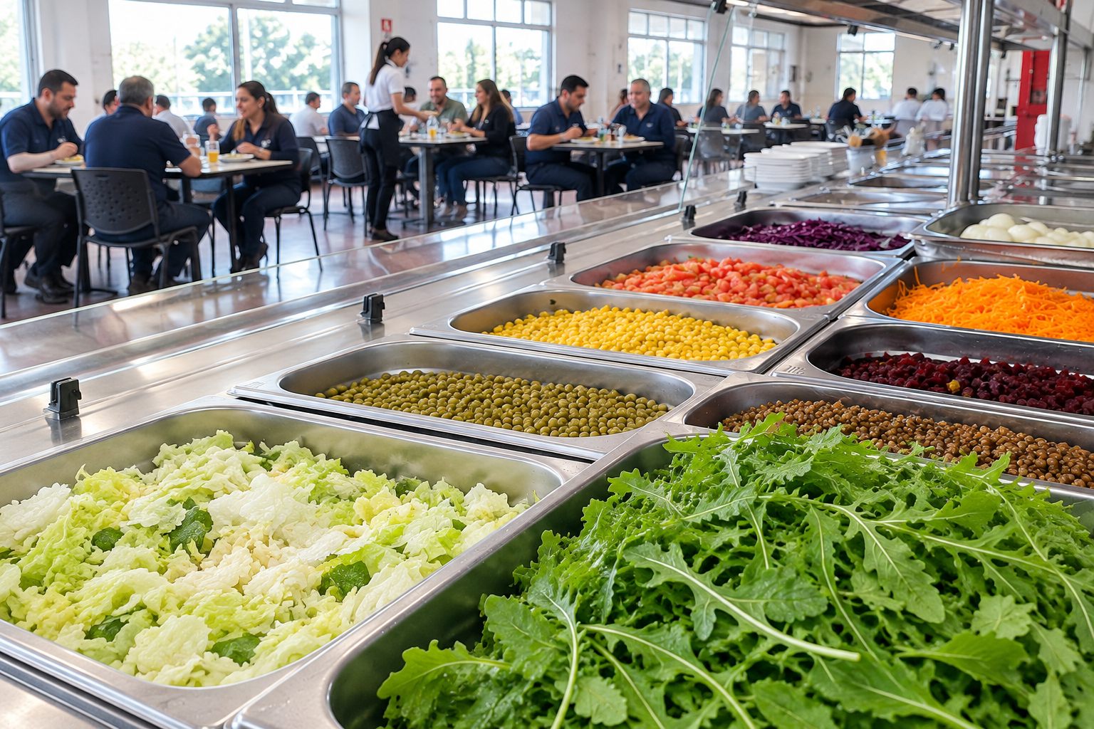 Comedor de planta: barra de ensaladas con verduras frescas y el personal almorzando al fondo