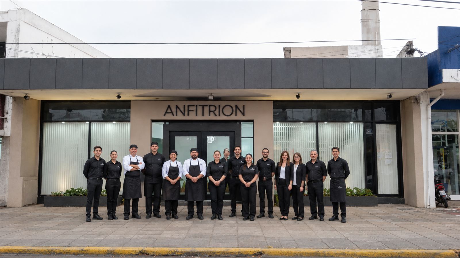 El equipo de Anfitrión, de cocina y de salón, frente al local