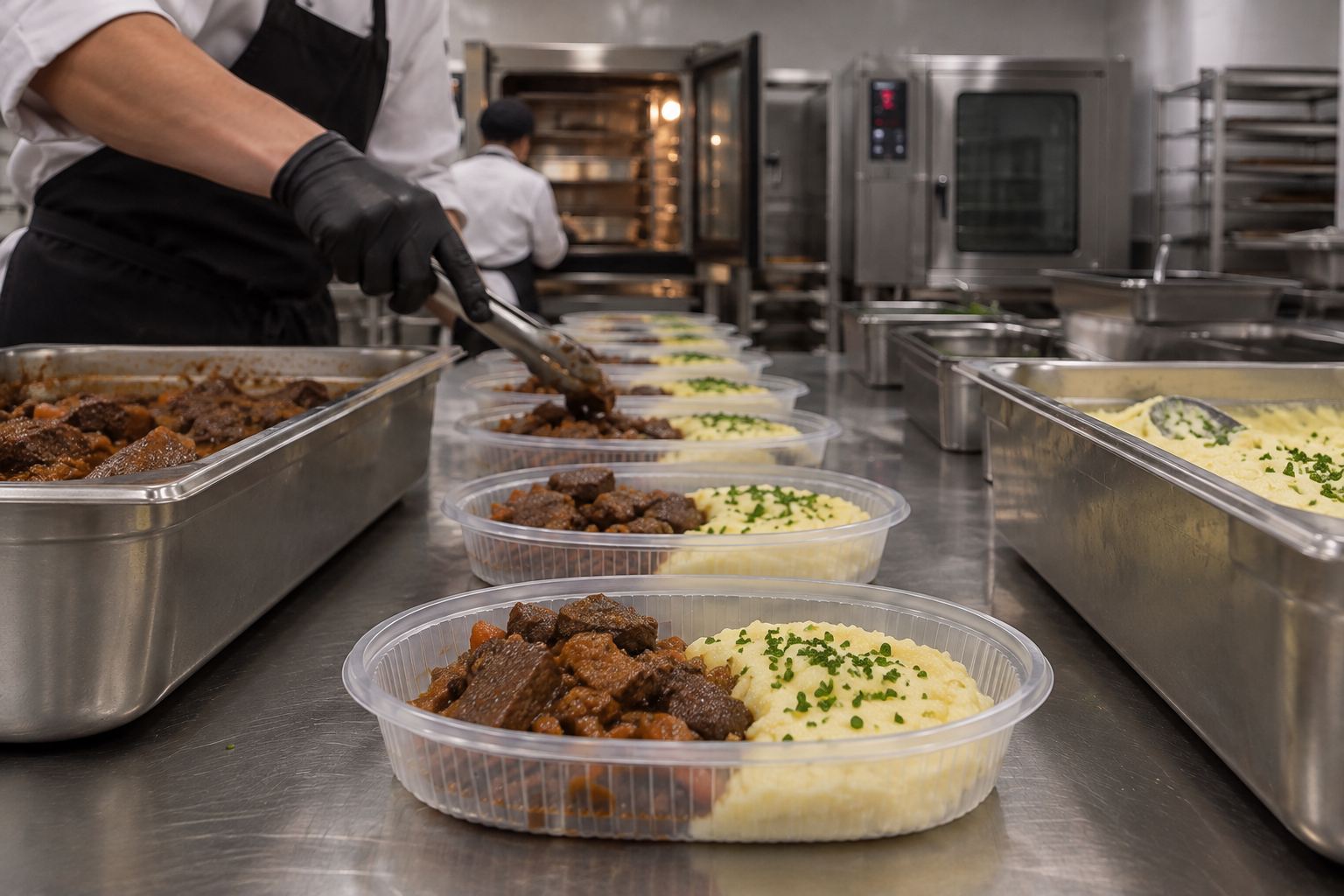 Línea de servicio en la cocina: estofado y puré porcionados en bandejas descartables sobre la mesada de acero