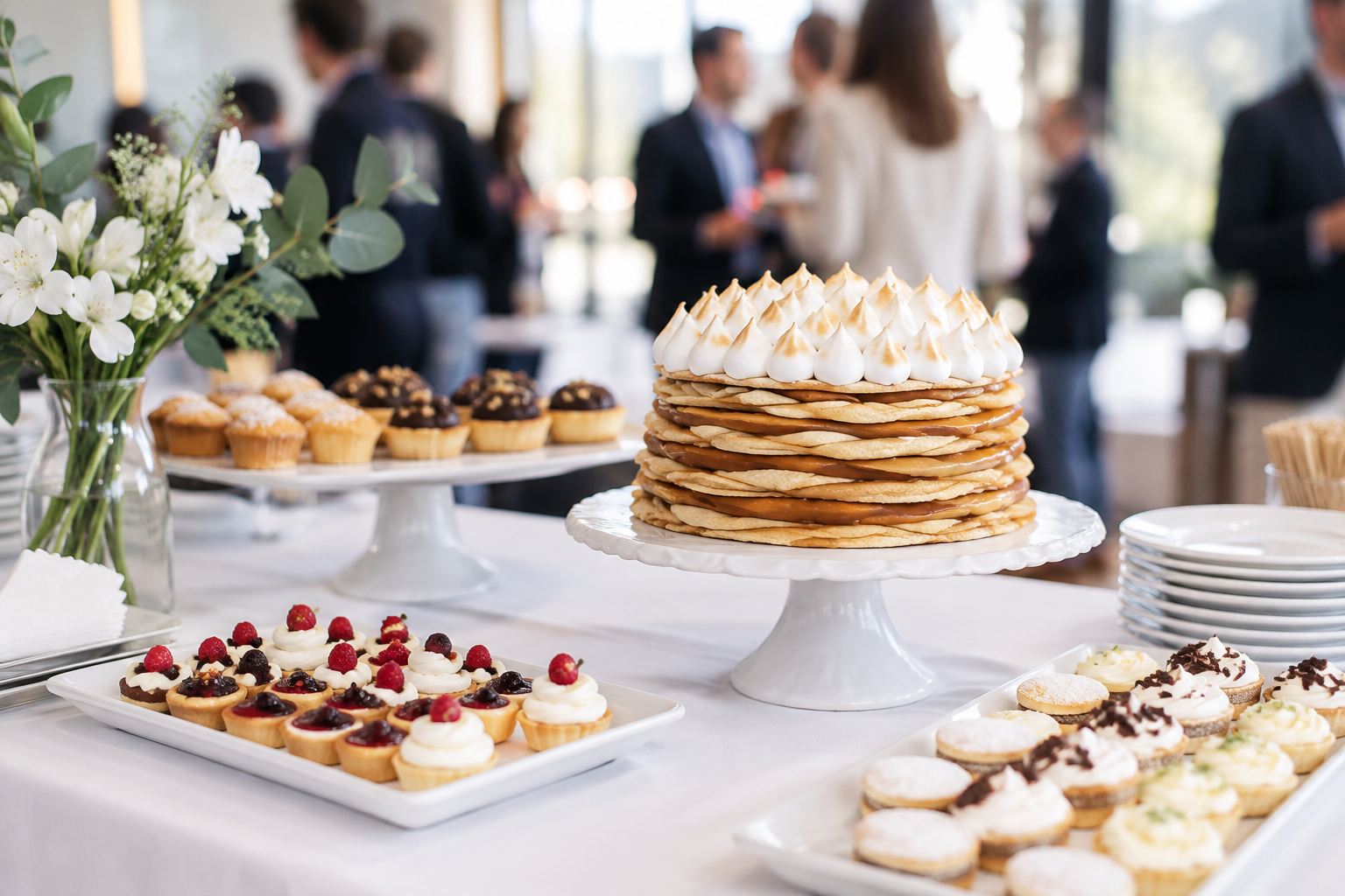 Mesa dulce de un evento: rogel con merengue, tarteletas de frutos rojos, alfajorcitos y muffins